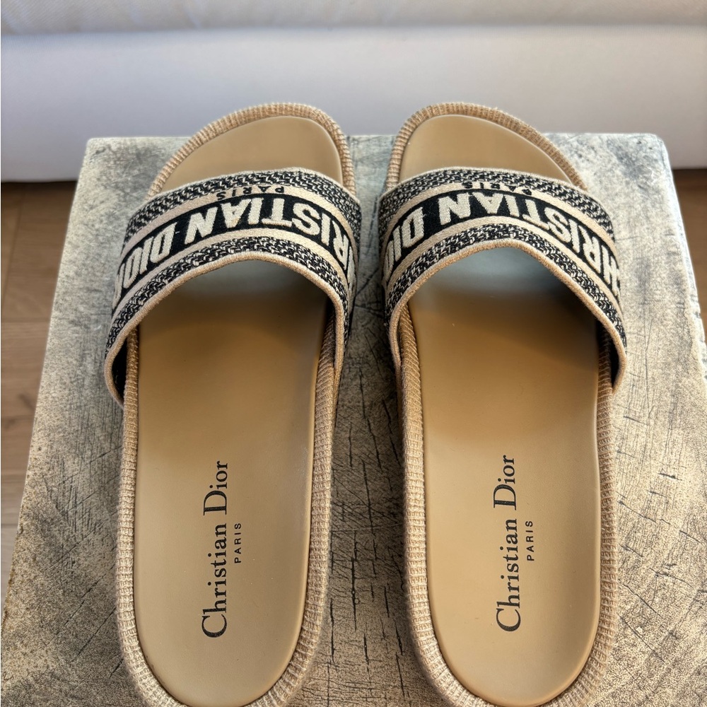 Dior Beige and Black Logo Slide Sandals - Picture 3 of 4